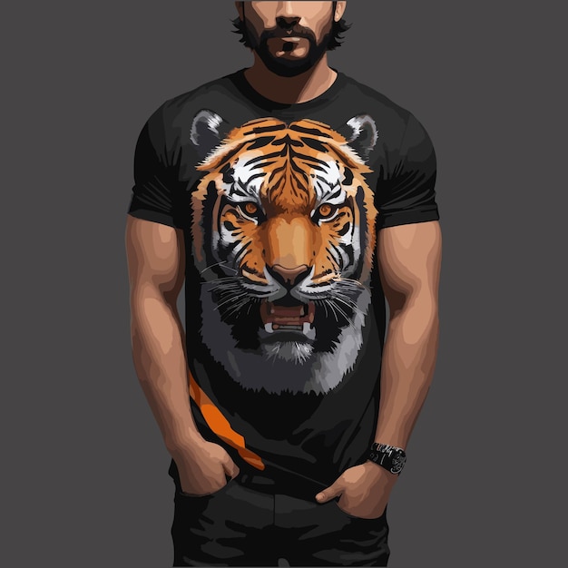 Мужчина в черной футболке с тигровым блоком ДИЗАЙН