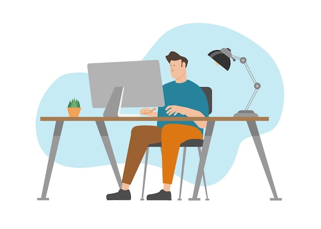 Man in front of computer monitor flat vector illustration. Work from home concept.