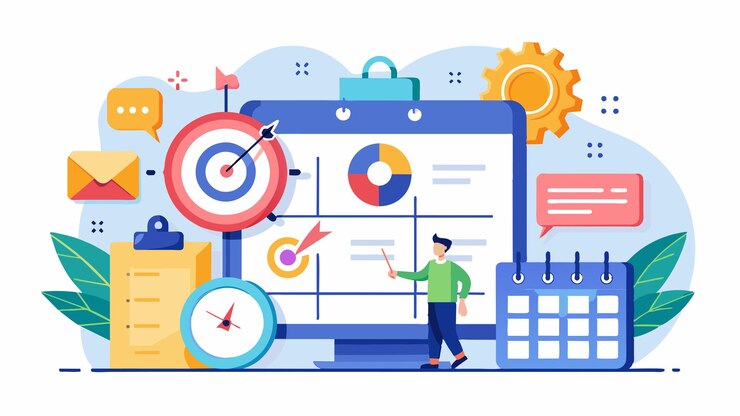 Vector a man in front of a computer with a blue background with a clock and other icons