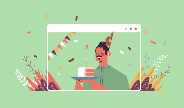 Vector man in funny festive hat celebrating online birthday party