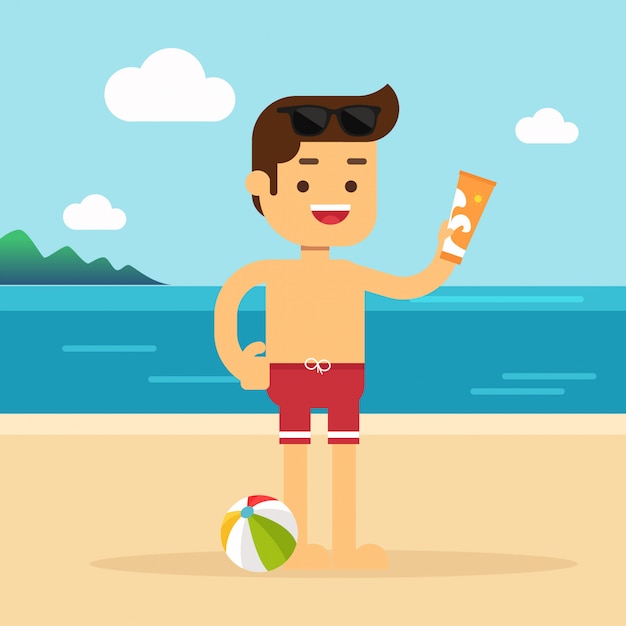 Man gaan reizen in de zomervakantie, Man met een fles zonnebrandcrème lotion op het strand