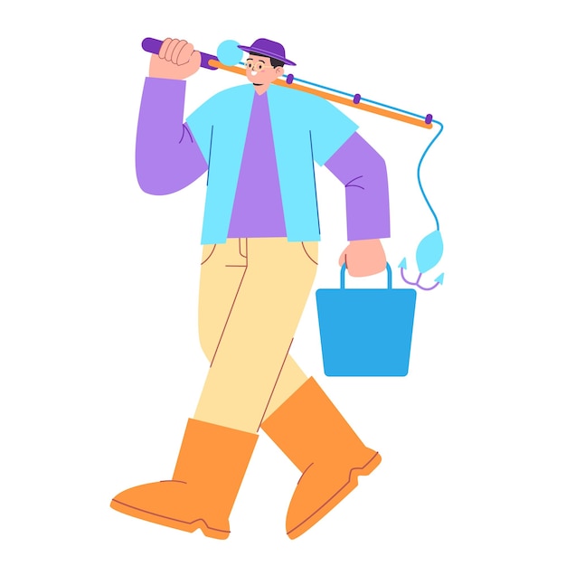 Vector man gaat vissen met een emmer en een visstok. vlakke kleurrijke illustratie.