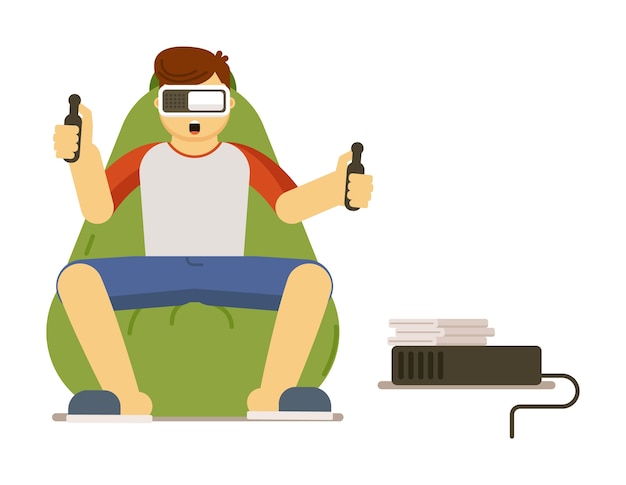 Человек-геймер, играющий в симуляцию виртуальной реальности в видеоигре в очках vr, остается дома иллюстрации, изолированной на белом фоне