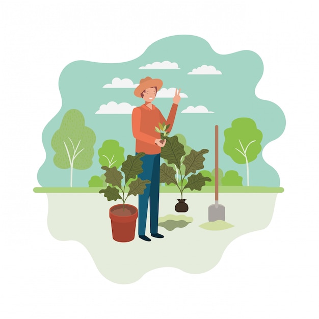 Vector man gardeners with landscape avatar character