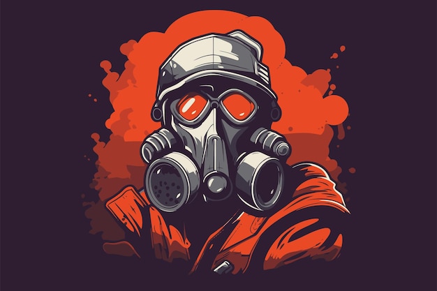 Man in gas mask on a dark background with redsmoke Vector illustration