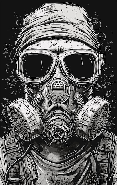 man in gas mask Hand drawn vector illustration on black background