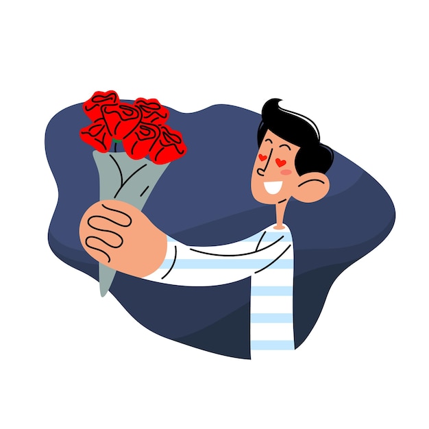 Man geeft een emmer bloemen platte vectorillustratie