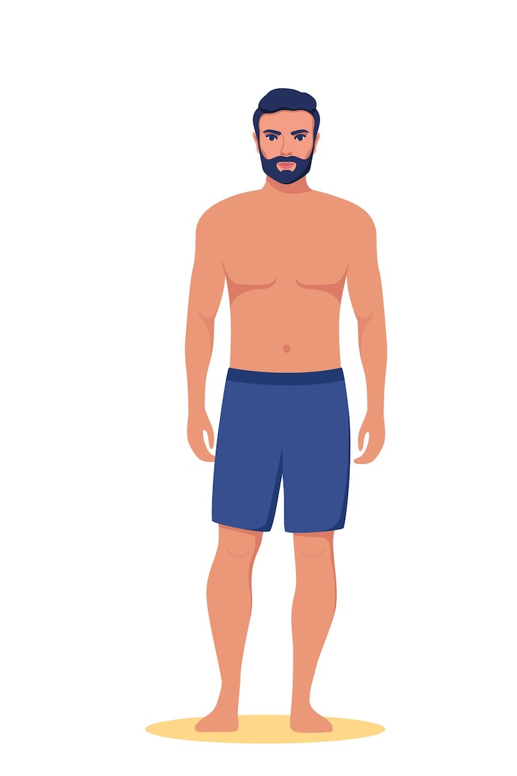 Vector man gekleed in zwembroek staande op het strand zomervakanties mooie man in korte broek