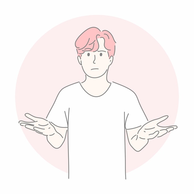 개념 확실하지 않은 손으로 몸짓, 질문, 대답, 생각하는 사람.