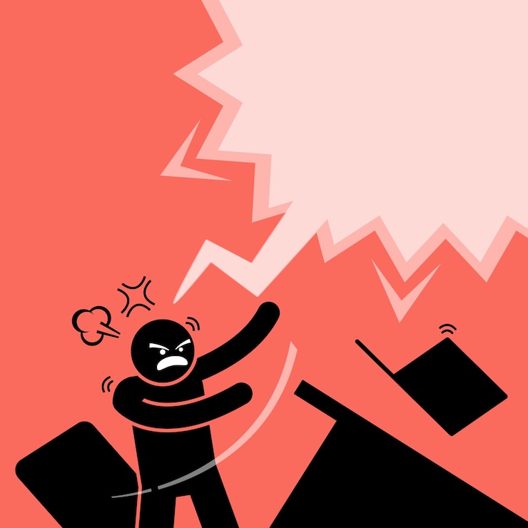 Vector man gets frustrated with the laptop and flip the computer desk over.