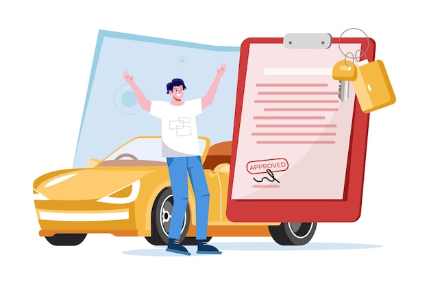 Vector man getting a car loan approved illustration concept on white background