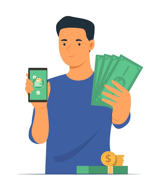 Man getting cash money from online money transfer by smartphone concept illustration