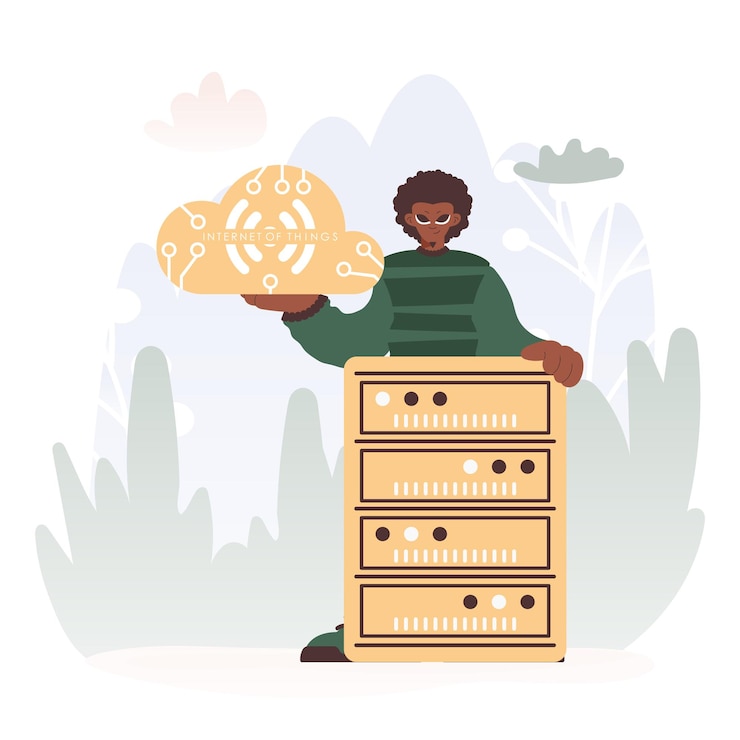 Vector man getting a handle on the iot image within the middle of a organize of servers symbolizing the interconnectivity and mechanical movements of progressed times
