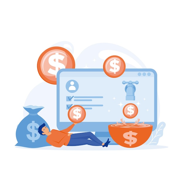 man getting paid from online work, person relaxing with computer paying money in her wallet, flat vector modern illustration