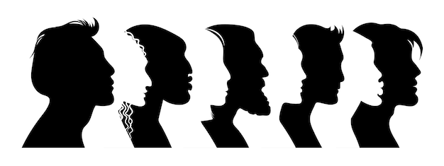 Man gezicht silhouet Vrouwelijke en mannelijke portretten Jonge jongen en meisje lichamen zijaanzicht Mensen glimlacht Zwart-wit silhouet menselijke hoofden Studenten kapsels Vector illustratie set