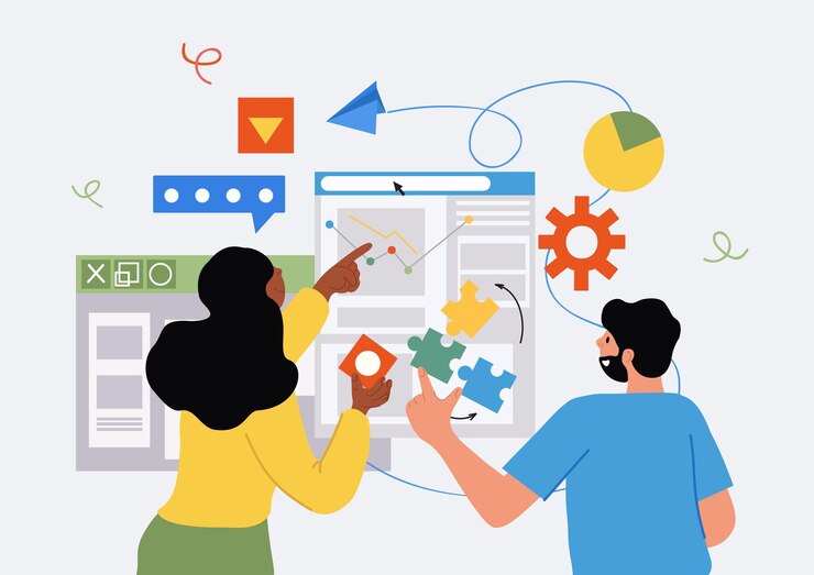 Vector man and girl analyze graphs marketing research investors assess business employees looking for ways