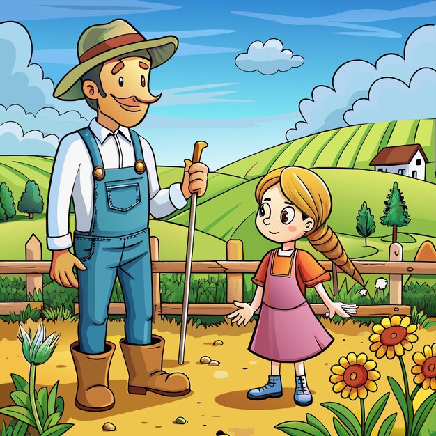 Vettore un uomo e una ragazza sono in piedi in un campo con fiori