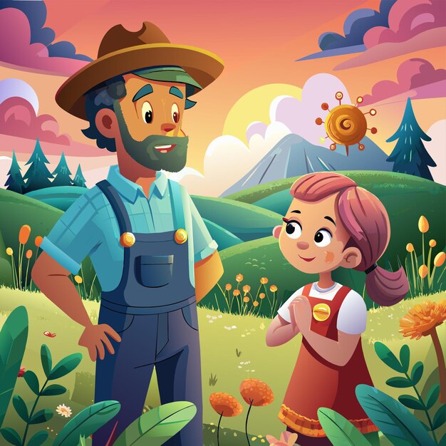 Vector a man and a girl are standing in a field with a sunflower and a man in a cowboy hat