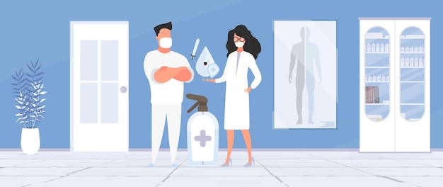 Man and Girl doctor. Medics in medical masks. Spray bottle. Medical office. Doctor's office. Cabinet, medicines. Vector.