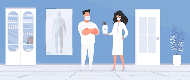 Man and Girl doctor. Medics in medical masks. Spray bottle. Medical office. Doctor's office. Cabinet, medicines. Vector.