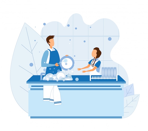 Man and girl wash dishes after cooking or eating