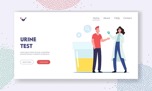 Мужчина сдает анализ мочи для проверки на заболевание в шаблоне целевой страницы больницы или клинической лаборатории. Врач и пациент стоят у контейнера с образцом мочи. Мультфильм люди векторные иллюстрации
