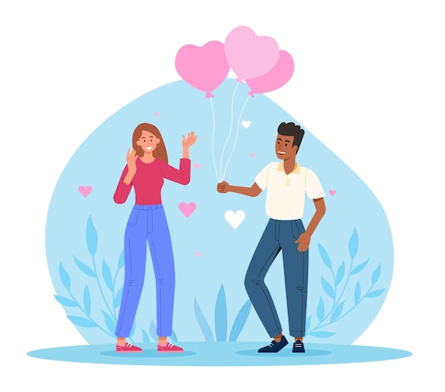 Vector man gives heart balloons romantic posters and banners date characters flirting and young couple girlfriend and boyfriend outdoor family in city or town park cartoon flat vector illustration