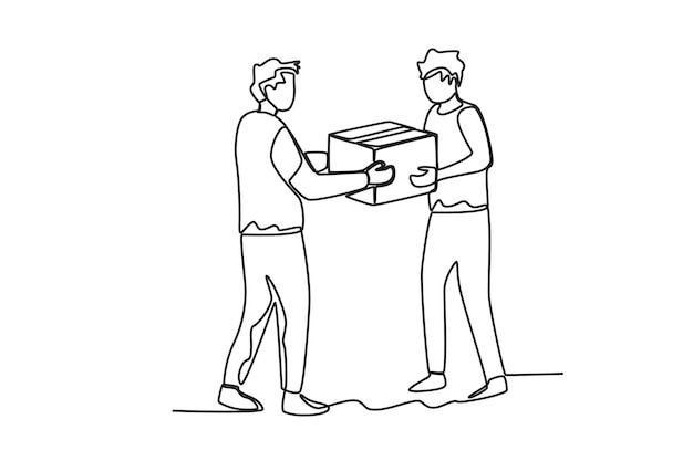 Vector a man gives a helpbox to his friend world humanitarian day oneline drawing