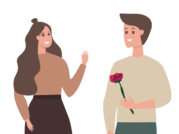 A man gives a rose to a girl. Romantic concept. The illustration is made in warm colors.