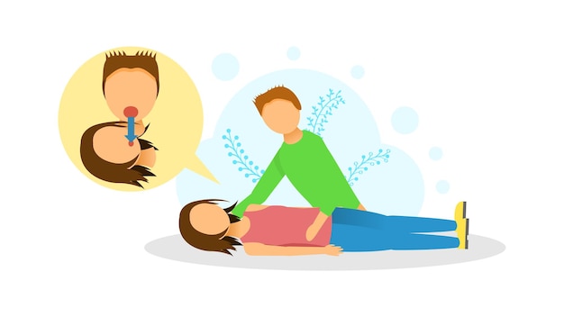 Vector man giving artificial respiration to a woman first aid cartoon people character concept illustration