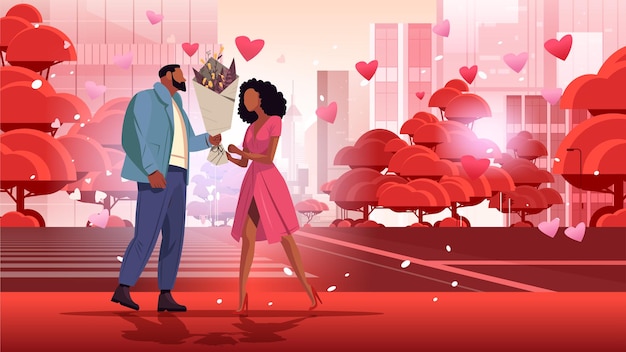 man giving bouquet of flowers to beautiful woman happy valentines day celebration concept air balloons in heart shape cityscape background