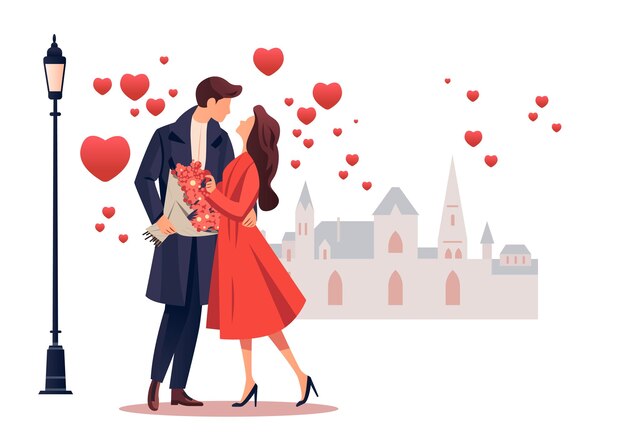 Vector man giving bouquet of flowers to beautiful woman happy valentines day celebration concept air balloons in heart shape