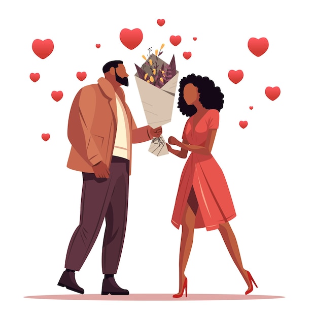 Vector man giving bouquet of flowers to beautiful woman happy valentines day celebration concept air balloons in heart shape