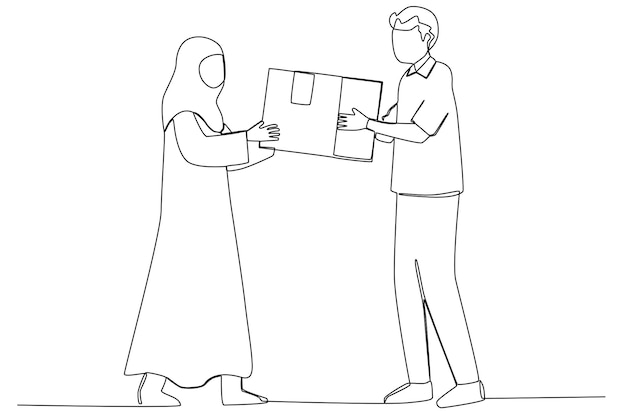 A man giving a charity to a poor woman one line art