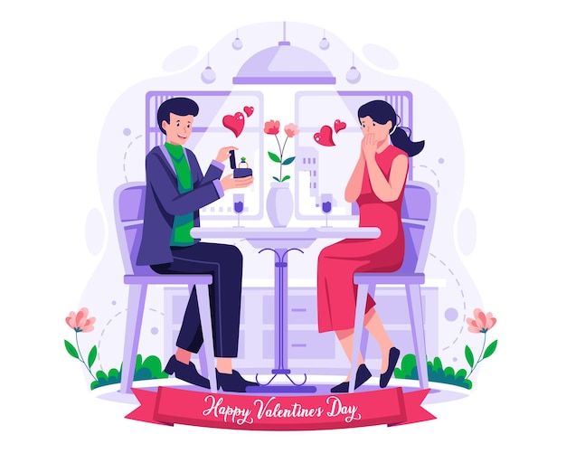 A man giving an engagement box diamond ring marriage proposal on valentine's day illustration