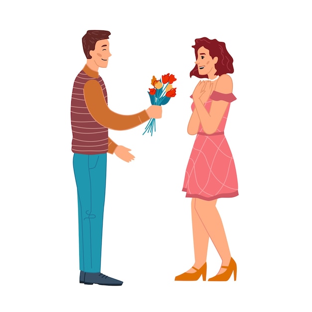 Мужчина дарит цветочный букет женщинам, встречающимся с парой