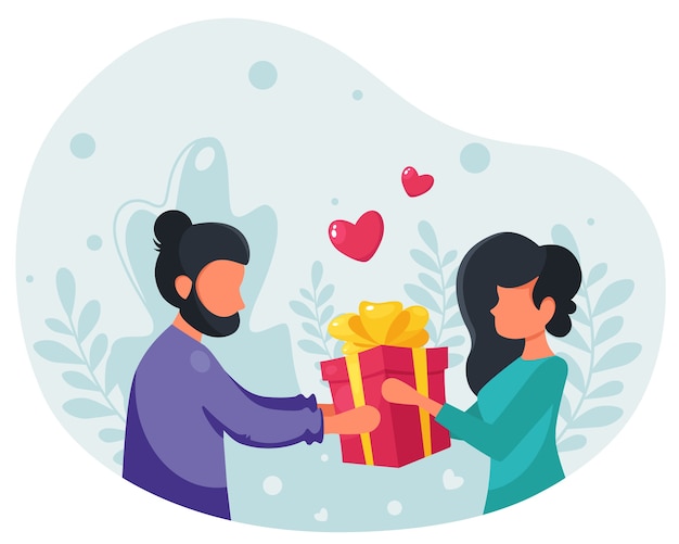 Vector man giving a gift to a woman. woman with a gift. a gift for your beloved. illustration in a flat style.