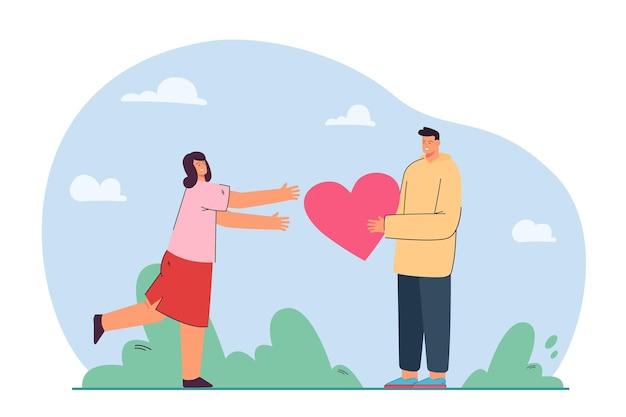 Man giving huge heart to woman flat vector illustration