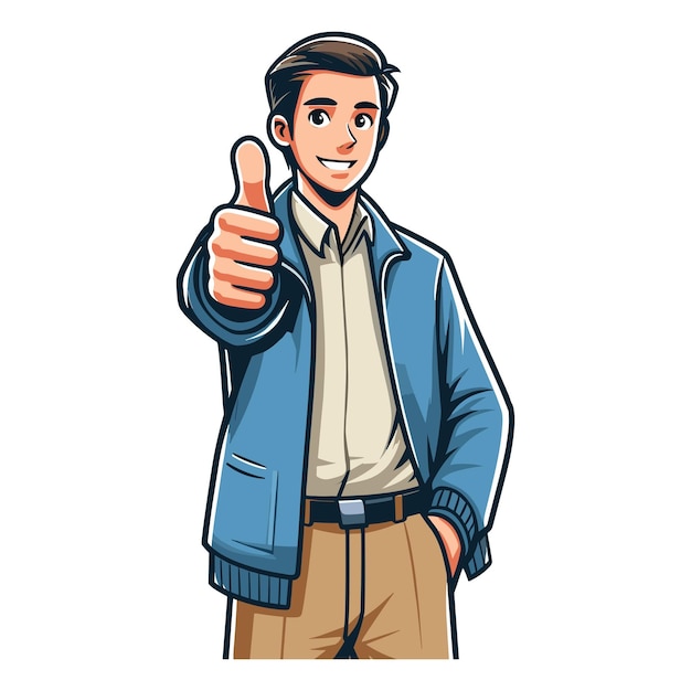 Человек, поднимающий большой палец, векторная иллюстрация счастливый парень, показывающий знак одобрения жеста OK