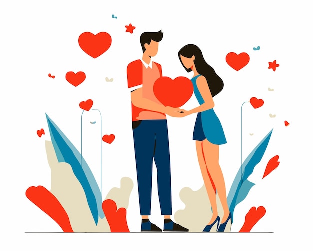 Vector man giving woman a heart and flower romantic gesture of affection and love