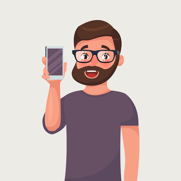 Man in glasses with beard is showing the phone.