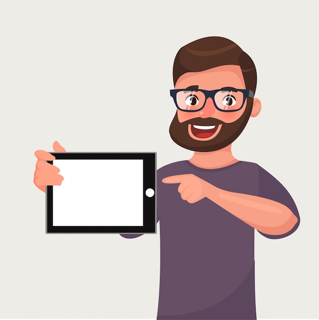 Vector man in glasses with beard is showing the tablet pc