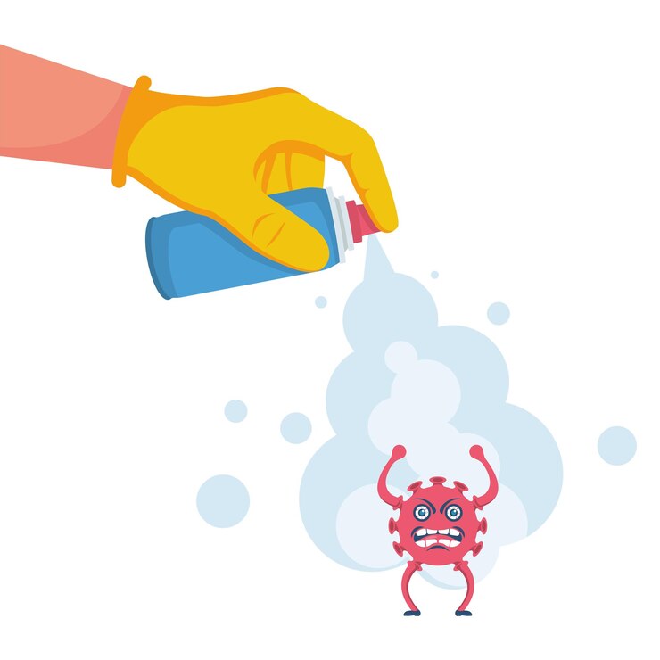 Vector man in gloves holds bottle of antiseptic spray antibacterial flask kills bacteria disinfectant