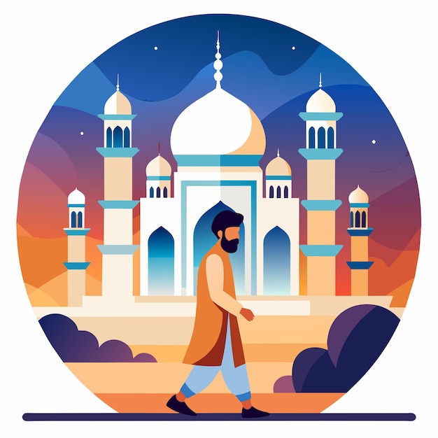 Man go to mosque Flat illustration with hand drawn
