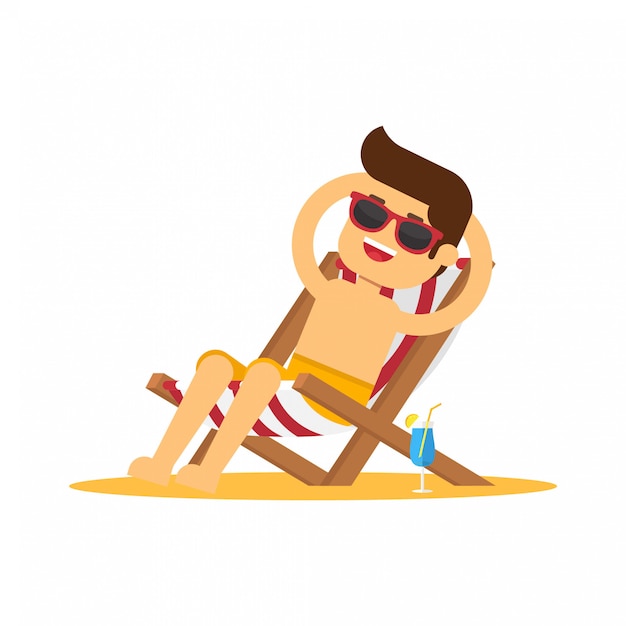 Man go to travel in summer holiday, Man sitting in beach chair and taking sunbath on the beach seacoast