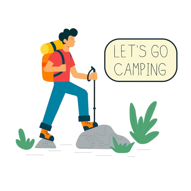 A man goes on a hike Hiking and trekking in nature Lets go camping text Vector illustration
