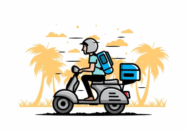 Man goes on vacation riding scooter illustration