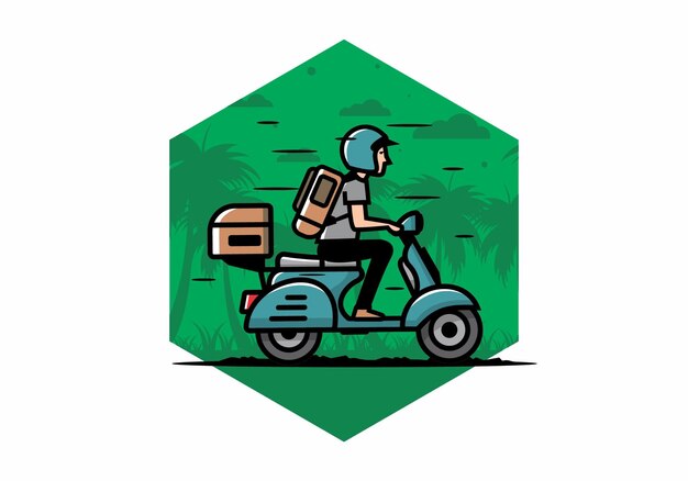 Man goes on vacation riding scooter illustration