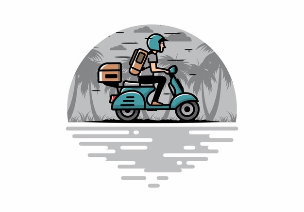 Man goes on vacation riding scooter illustration