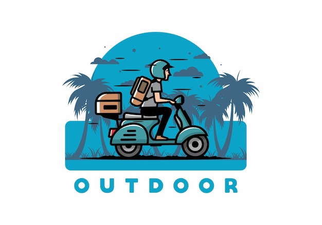 Man goes on vacation riding scooter illustration